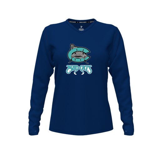 [CUS-DFW-TEES-PER-VNK-LSL-NVY-FYXS-LOGO1] Decker Performance T-Shirt (Female Youth XS, Navy, V Neck, Logo 1, Long Sleeve)