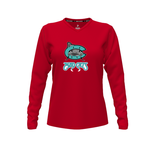 [CUS-DFW-TEES-PER-VNK-LSL-RED-FYXS-LOGO1] Decker Performance T-Shirt (Female Youth XS, Red, V Neck, Logo 1, Long Sleeve)