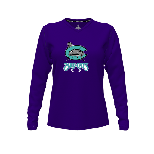 [CUS-DFW-TEES-PER-VNK-LSL-PUR-FYXS-LOGO1] Decker Performance T-Shirt (Female Youth XS, Purple, V Neck, Logo 1, Long Sleeve)